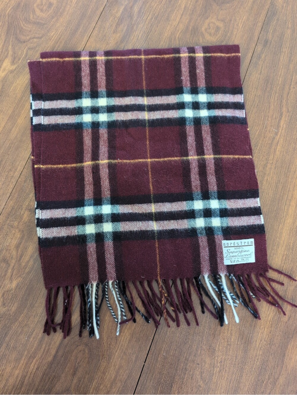 Vintage Nordstrom Scarf 100% Superfine Lambswool Unisex Burgundy Plaid Germany